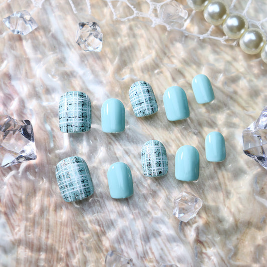 Sky Blue Plaid Short Square Nails – Everyday Elegance